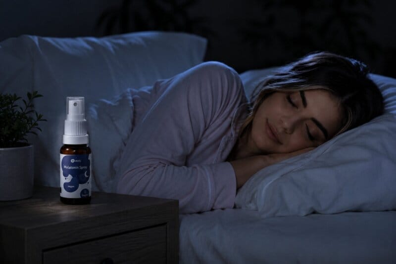 Das Melatonin Spray Steht Auf Dem Nachtschrank Einer Schlafenden Jungen Frau.. Das Melatonin Spray Steht Auf Dem Nachtschrank Einer Schlafenden Jungen Frau..