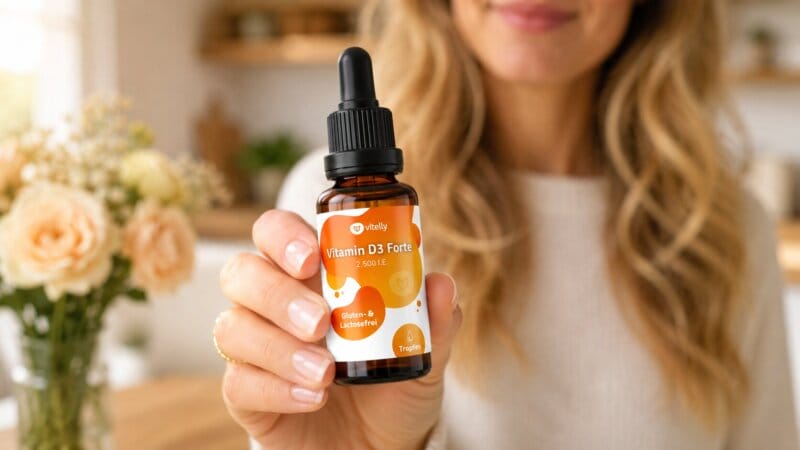 Eine Junge Frau Hält Vitamin D Vitamin D3 Tropfen In Die Kamera