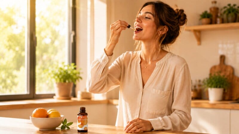 Eine Junge Frau Nimmt Vitamin D Vitamin D3 Tropfen Ein, Sie Steht Dabei In Einer Hellen Küche Eine Junge Frau Nimmt flüssiges Vitamin D3 ein, sie Steht Dabei In Einer Hellen Küche