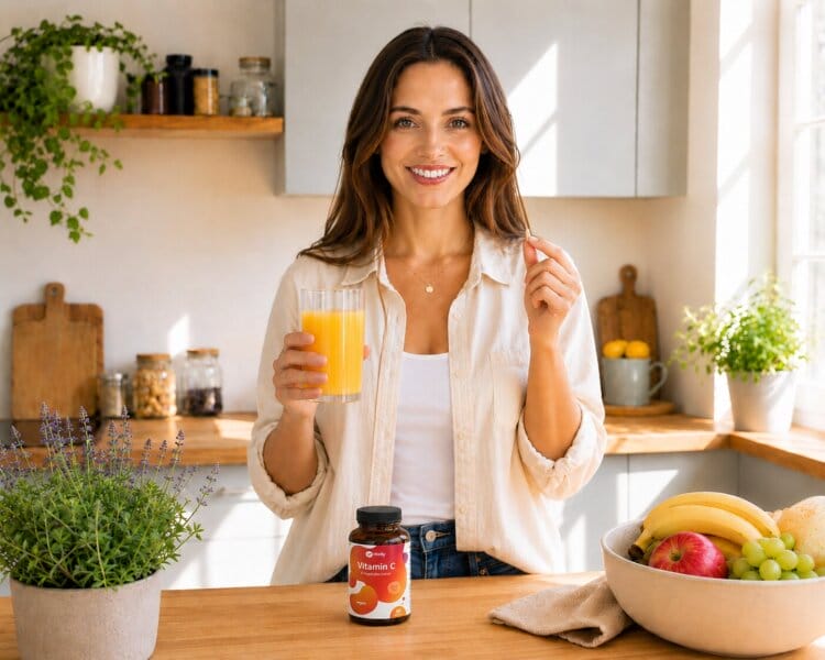 Hochdosiertes Vitamin C Liegt In Form Von Zitrusfrüchten Auf Dem Tisch, Frau Nimmt Vitamin C Kapseln Ein