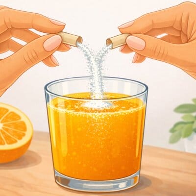 Inositol Kapseln, Inositol Komplex Kapseln Kaufen Frauen Hände öffnen Inositol Kapseln und füllt das Pulver in Orangen Saft, Inositol Komplex Kapseln Kaufen