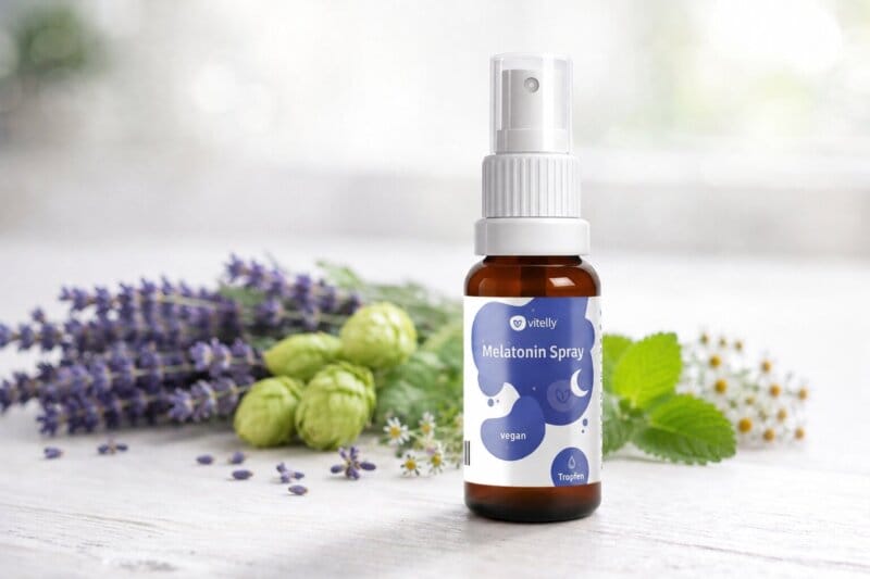 Melatonin Spray Steht Auf Dem Tisch Mit Beruhigenden Kräuter Im Hintergrund