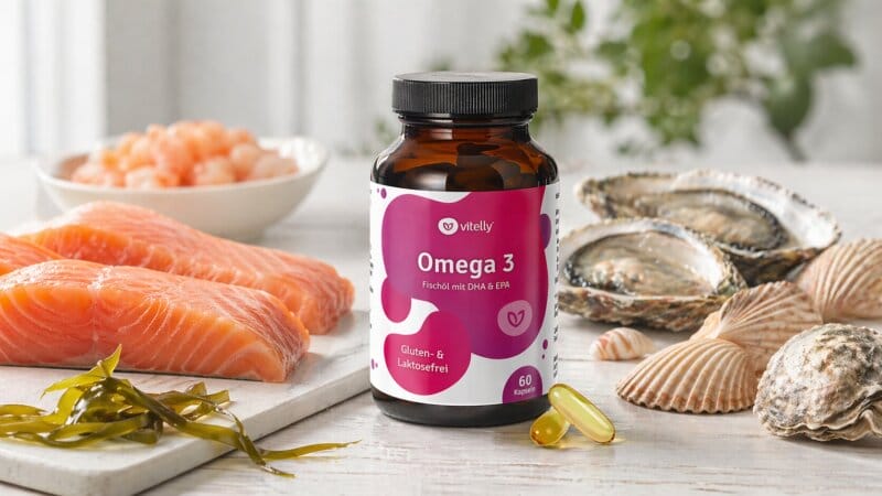 Omega 3 Kapseln Omega 3 Kapseln stehen auf einem Küchentisch