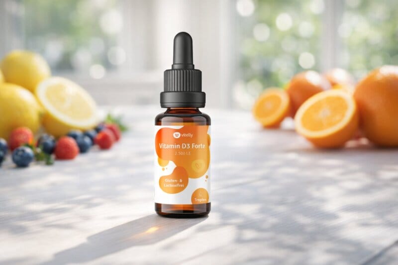Vitamin D3 Tropfen stehen auf dem Küchentisch, im Hintergrund liegen Zitrusfrüchte