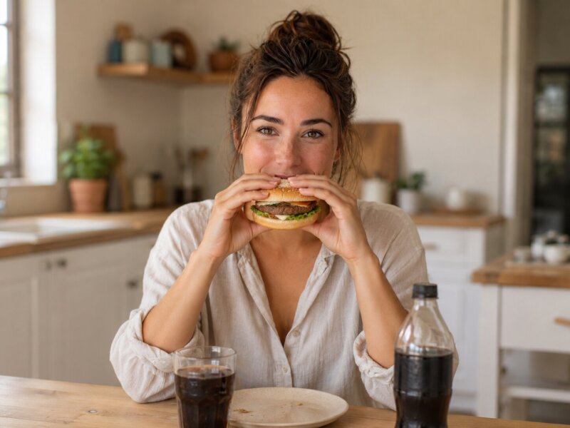 Eizellqualitaet Verbessern, Schöne Junge Frau Ißt Vor Der Kamera Einen Burger, Auf Dem Tisch Steht Eine Cola