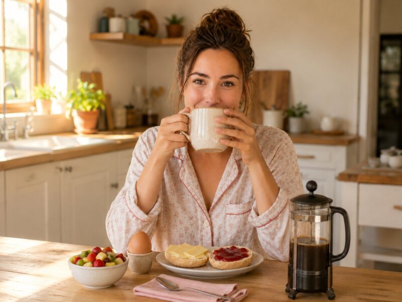Eizellreifung Verbessernn, Schöne Junge Frau Trinkt Kaffee, Vor Ihr Steht Ihr Frühstück..