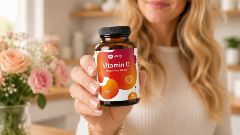 Junge Frau zeigt Vitamin C Kapseln in die Kamera,